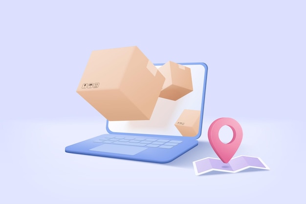 Vector 3d online deliver service delivery tracking laptop pin location point marker of map for shipment concept product shipping packing come out from notebook logistic icon 3d vector render illustration