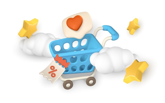 Banner di shopping online 3d in stile cartone animato nuvole del carrello di shopping stella e coupon sconto vettore