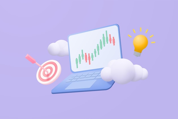 3d online trading with laptop on blue background notebook using funding graph on computer with arrow hit center and light bulb concept 3d vector trading for business investment render illustration