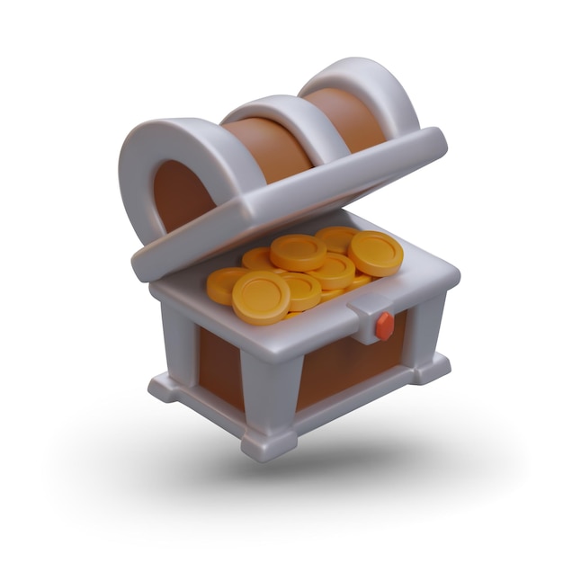 3D open chest with coins Treasure in cartoon style Isolated vector image