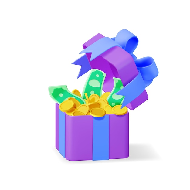 Vector 3d open gift box full of gold coins and dollars