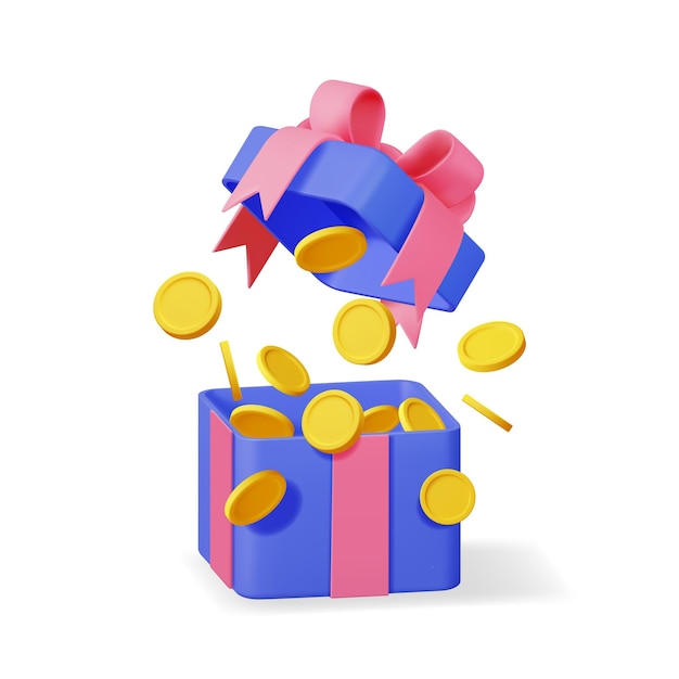 3d open gift box full of gold coins