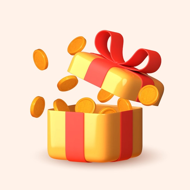 3d open gift box spilling gold coins symbolizing gifts and surprises