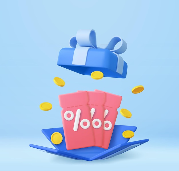 Vector 3d open gift box surprise with discount coupon earn point concept loyalty program and get rewards online shopping bonus 3d rendering vector illustration