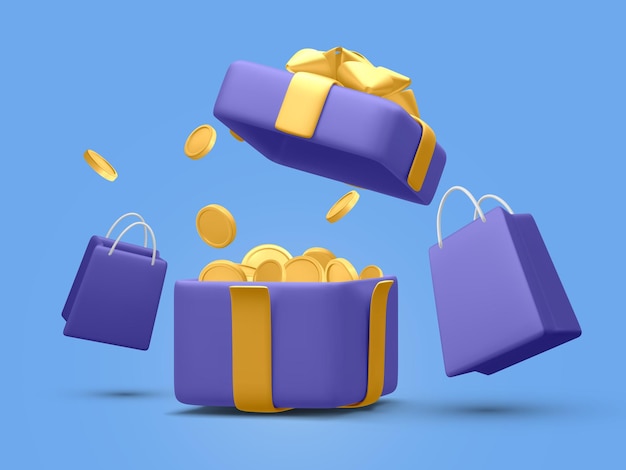 Vettore 3d aperta sorpresa scatola regalo con monete volanti e borsa della spesa programma di fedeltà e ottenere ricompense concetto