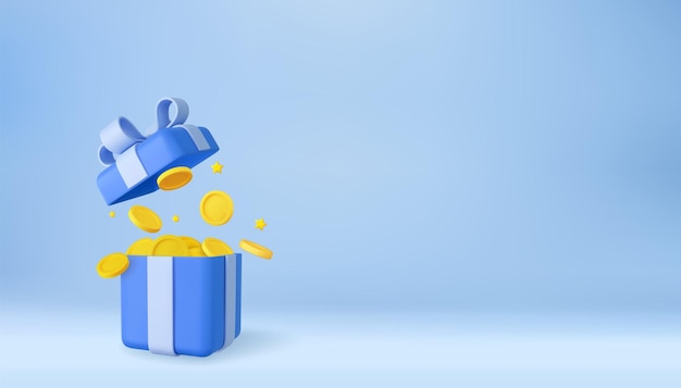 3D открытая подарочная коробка сюрприз с золотыми монетами программа лояльности и получить награды денежный приз награда казино или онлайн игра победитель 3d рендеринг векторная иллюстрация