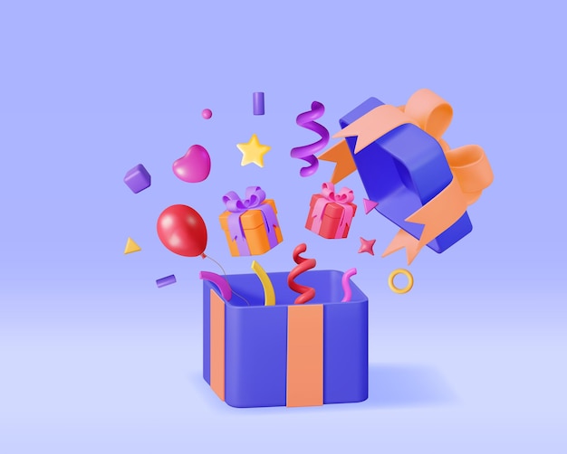 Vector 3d open gift box with falling confetti