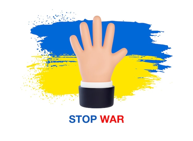 3d открытая ладонь на фоне флага украины с надписью stop war pray for ukraine