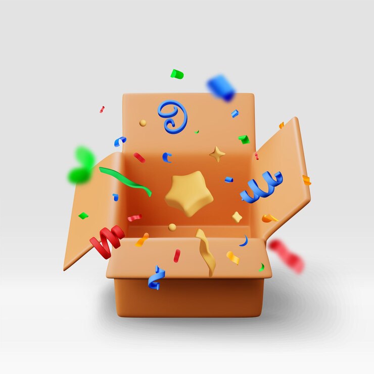 वेक्टर 3d opened cardboard box with color confetti