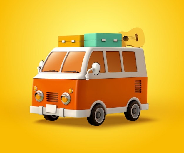 3D orange cartoon van with luggage
