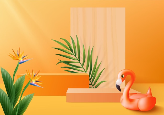 3d orange flamingo render   product display podium scene with   tropical platform summer background