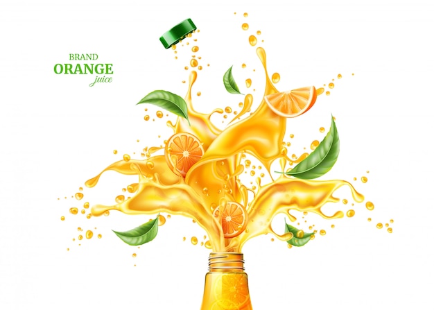 Vector 3d orange juice splash with flowing liquid and green laves