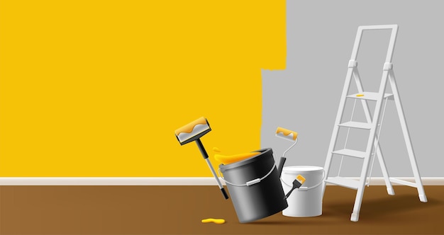 Vector 3d painting a room yellow buckets of paint folding ladder and painting tools the concept