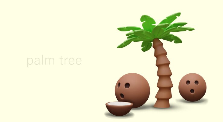 Vector 3d palm tree and coconuts in cartoon style vector scene on yellow background