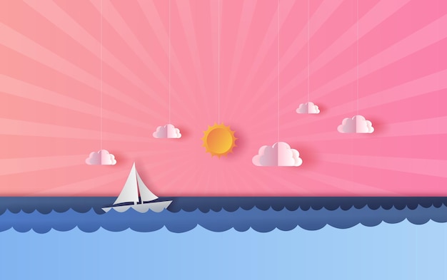 3d paper art and craft of seascape view with a floating sailing boat in the clear sunset