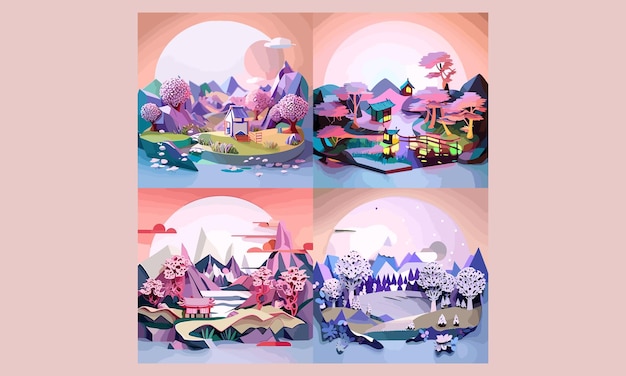 3D Paper Cut Effect Landscape Cliparts