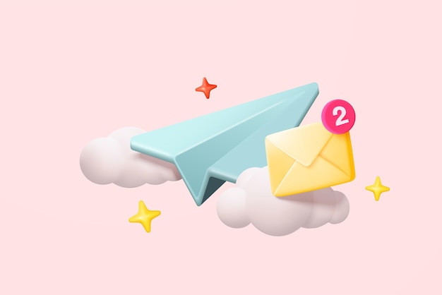 3d-papieren vliegtuig postpictogram op wolk voor het verzenden van nieuw bericht minimale e-mail verzonden brief naar sociale media online marketing abonneer u op nieuwsbrief 3d vliegtuig vlucht pictogram vector rendering illustratie