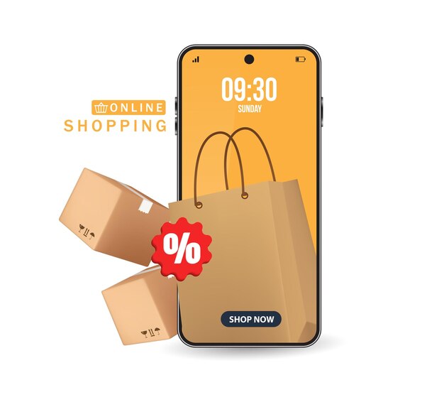 Vector 3d papieren zak winkelen op het smartphone scherm en er is een pakket doos of kartonnen doos geplaatst in de voorkant vector 3d geïsoleerd voor e-commerce levering online winkelen concept