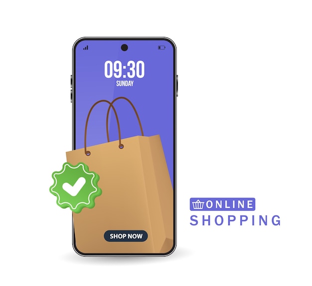 Vector 3d-papierzak winkelen op het scherm van de smartphone met groen check mark pictogram vector 3d geïsoleerd voor e-commerce levering online winkelen concept