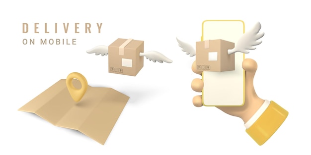 翼を持つ3d小包は手に電話から目的地のポイントに飛ぶ配達サービスの概念ベクトルイラスト