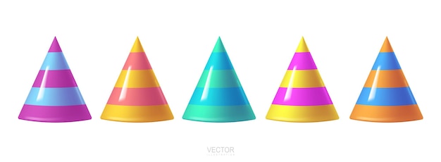 3d party hat set isolated on a white realistic birthday hat set vector fun decoration