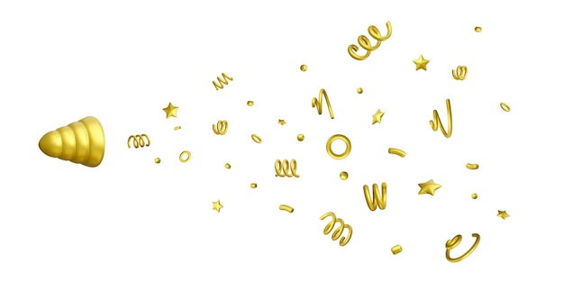 Vector 3d party popper gold cone cracker explosion confetti bang with stars ribbons and glitters vector illustration isolated on white
