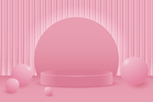 Vector 3d pastel pink podium with white neon glamorous balls and an abstract geometric background template