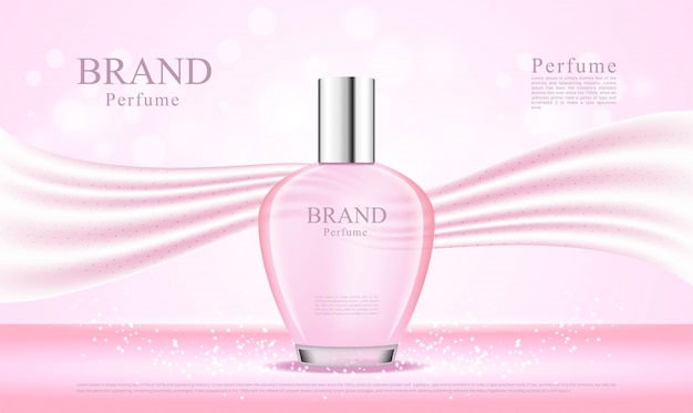 3d perfume bottle with pink silk backgroud