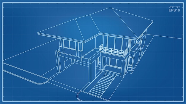 Vector 3d perspectief draadframe van huis buitenkant. vector illustratie.