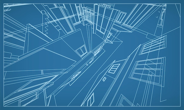 3D-perspectief render van het bouwen van draadframe-structuur. Abstracte bouw grafisch idee. Vector illustratie.