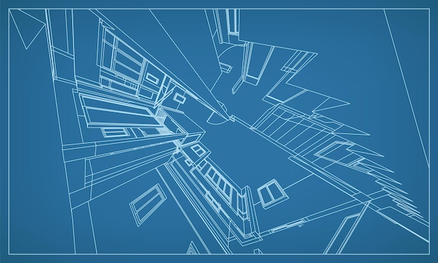 3D-perspectief render van het bouwen van draadframe-structuur. Abstracte bouw grafisch idee. Vector illustratie.
