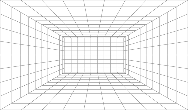 Vector 3d perspective line grid, wireframe room background. futuristic cyber box room. cyber, virtual surface