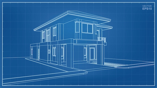 Vector 3d perspective wireframe of house exterior. vector illustration.