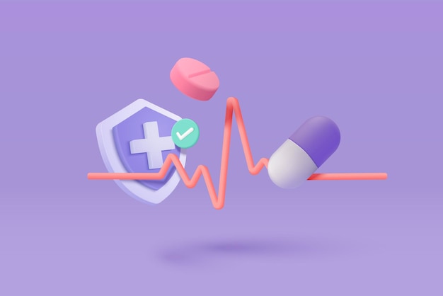 Вектор 3d аптека лекарство для здоровья фармацевтика на фиолетовом фоне мультфильм минимум первой помощи и здравоохранения медицинский символ экстренной помощи 3d помощь медицина значок вектор визуализации иллюстрации