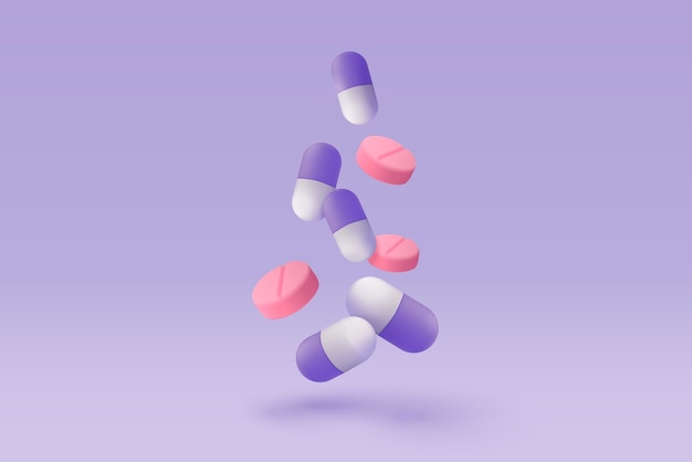 보라색 배경에 건강 제약에 대한 3d 약국 약물 응급 처치 및 건강 관리의 최소한의 만화 응급 처치의 의료 기호 3d 원조 의학 아이콘 벡터 렌더링 그림