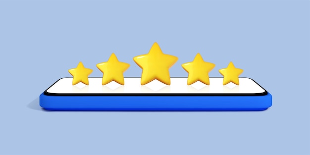 3D-телефон с отзывами клиентов Смартфон с пятизвездочным рейтингом на экране Положительные отзывы пользователей Пять золотых звезд Концепция онлайн-оценки Векторная 3d иллюстрация