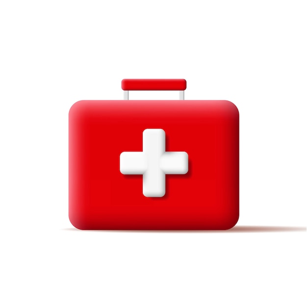 Vector 3d-pictogram van noodhulpkit rode koffer met wit kruis