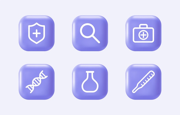 3D-pictogrammen voor medische apparatuur op realistische violette knoppen Gezondheidszorgelementen voor mobiele concepten en web-apps Moderne infographic logo- en pictogramcollectie Cartoon vectorillustratie