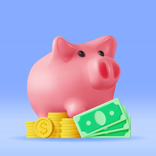 3d piggy bank with coins and banknotes