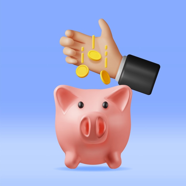 3d piggy bank with coins in hand