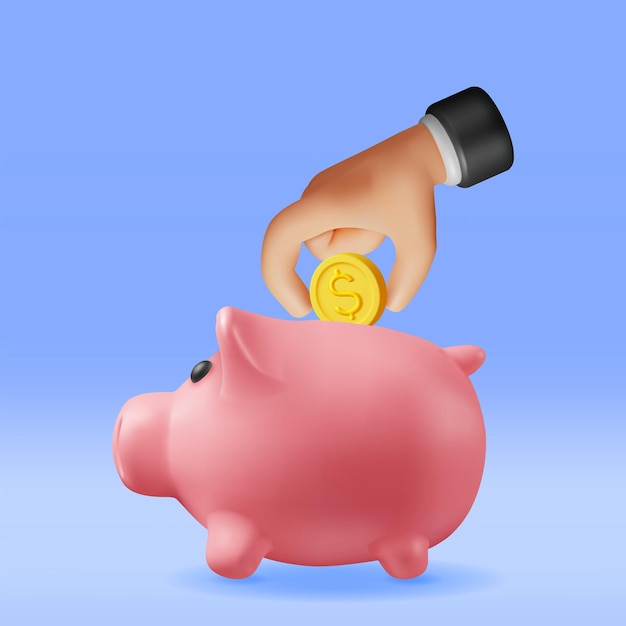 Vector 3d piggy bank with coins in hand