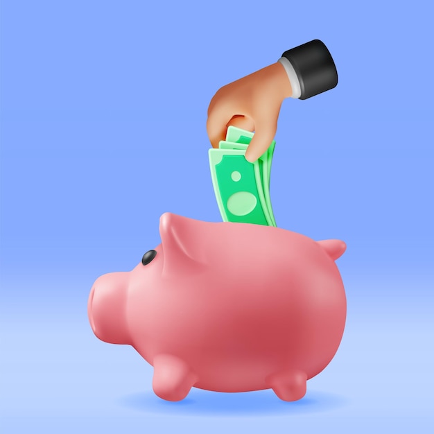 Vector 3d piggy bank with dollars in hand