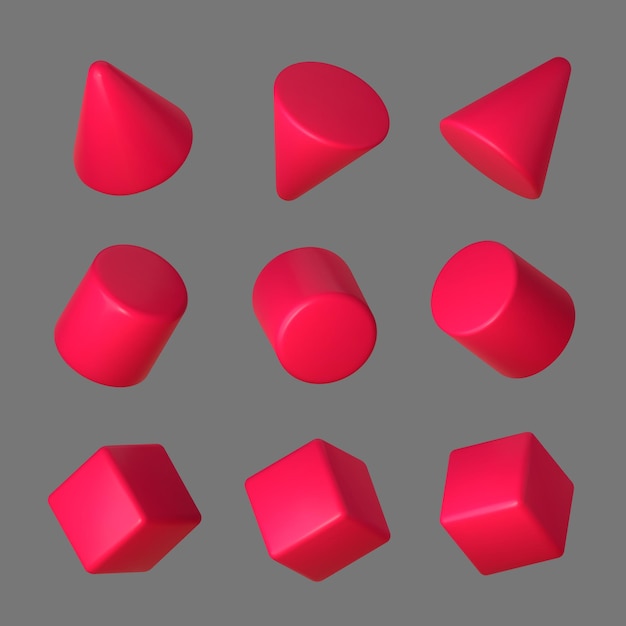 Vettore 3d di forma geometrica rosa realistico cono e cilindro di cubo geometrico rosso in prospettiva