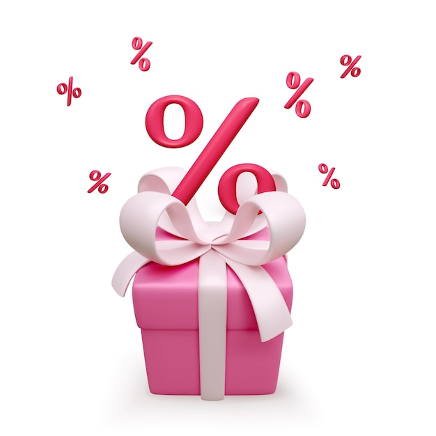 3D pink gift box with bow and percent symbol on it Falling percentage signs Discount card template isolated on white Vector illustration