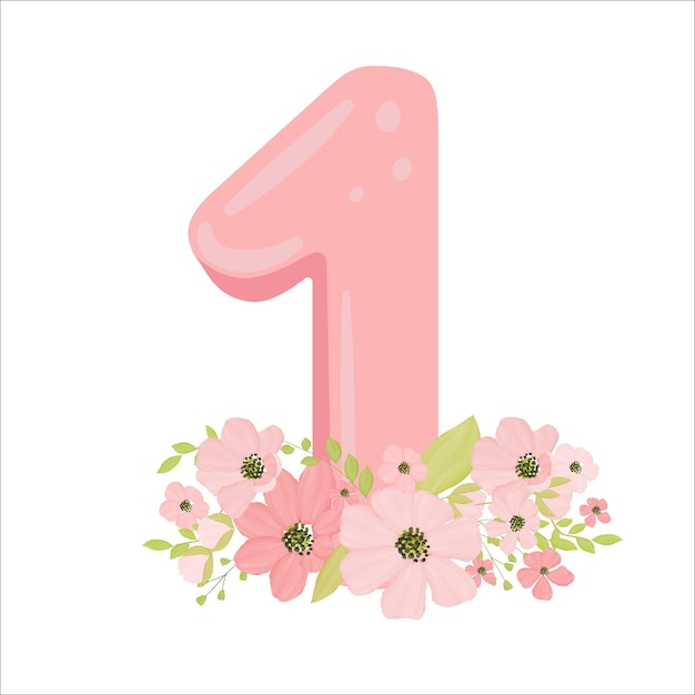 3d pink number one with a wreath of flowers. Baby girl birthday concept