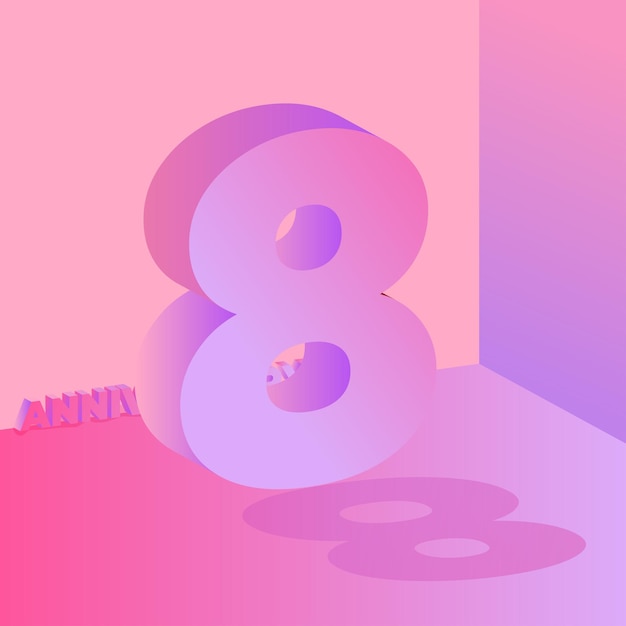 3D Pink and Purple eight years Anniversary with shadow social media post illustration