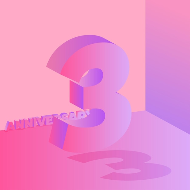 3D Pink and Purple Three Years Anniversary с теневой иллюстрацией поста в социальных сетях