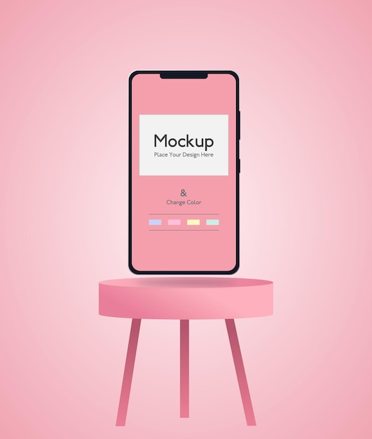 Vector 3d pink scene with a cell phone floating on a coffee table and editable color