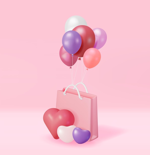 3D Розовая сумка для покупок с сердечками из воздушных шаров