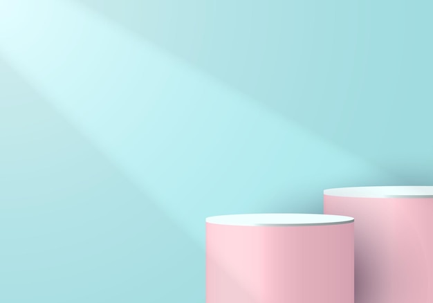 Vector 3d pink and white cylinder pedestal in soft blue empty room with light and shadow background. you can use for products display presentation, cosmetic, studio room, etc. vector illustration